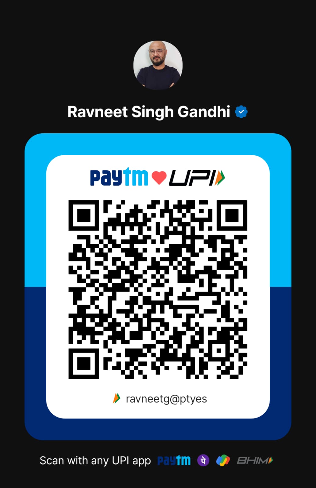 Scan to pay ₹200 via UPI — ravneetg@ptyes